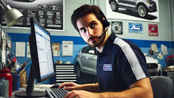 Automotive service representative working at computer with car models in background