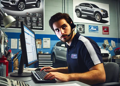 Automotive service representative working at computer with car models in background