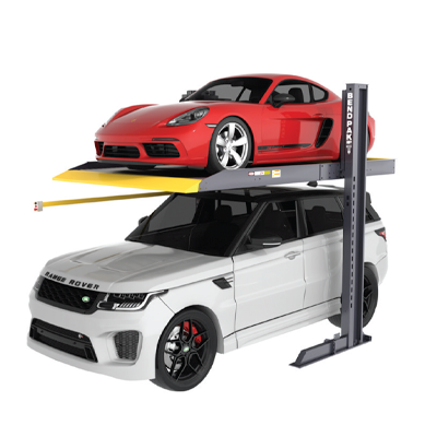 Red Porsche sports car and white Range Rover SUV on a two-level car lift