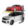 Red Porsche sports car and white Range Rover SUV on a two-level car lift