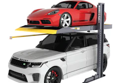 Red Porsche sports car and white Range Rover SUV on a two-level car lift
