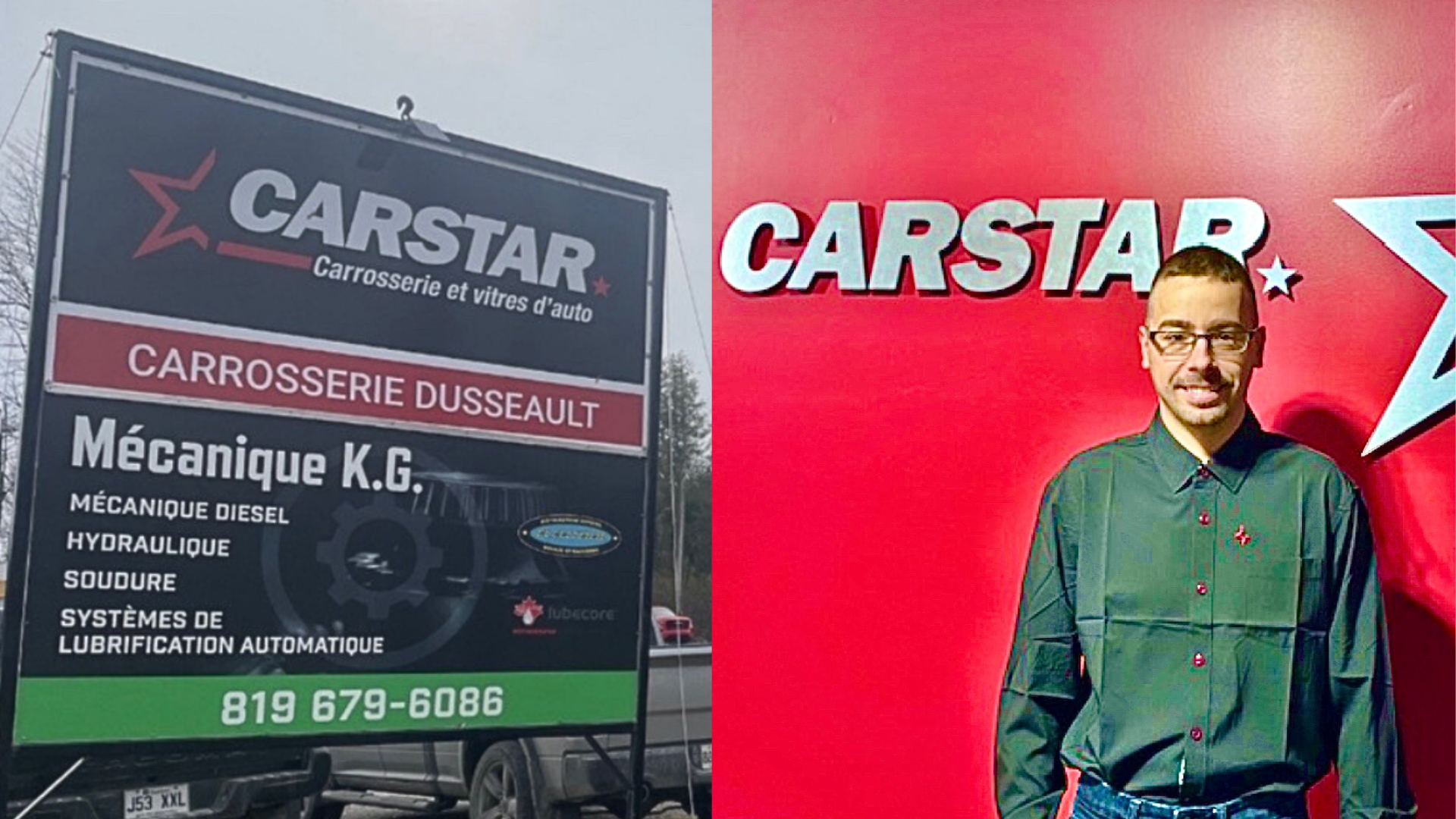 CARSTAR automotive service logo with billboard and employee in green shirt