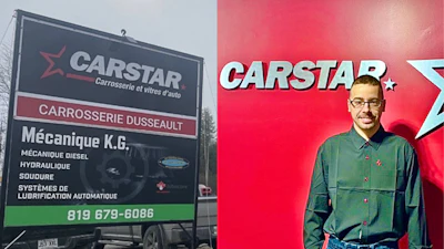 CARSTAR automotive service logo with billboard and employee in green shirt