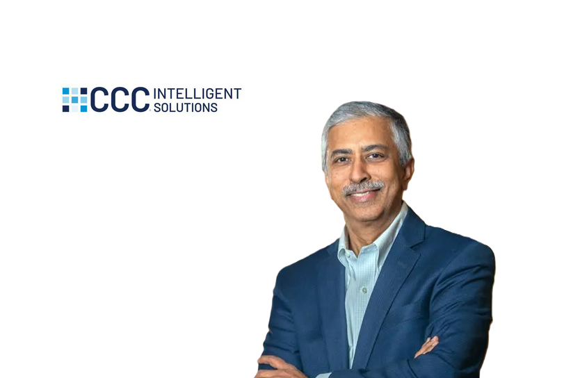 CCC Intelligent Solutions corporate logo with smiling professional in blue suit