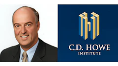 C.D. Howe Institute logo: Blue geometric vertical symbol with gold accents