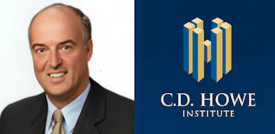 C.D. Howe Institute logo: Blue geometric vertical symbol with gold accents