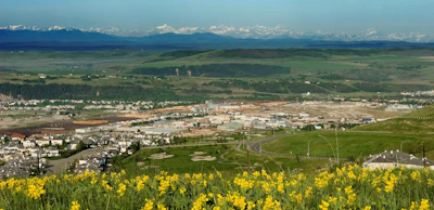 Panoramic view of mountain town with yellow wildflowers, green hills, and snow-capped peaks