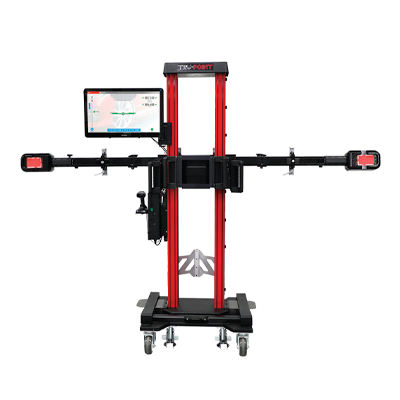 Professional wheel alignment machine with digital screen and red vertical support