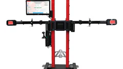 Professional wheel alignment machine with digital screen and red vertical support