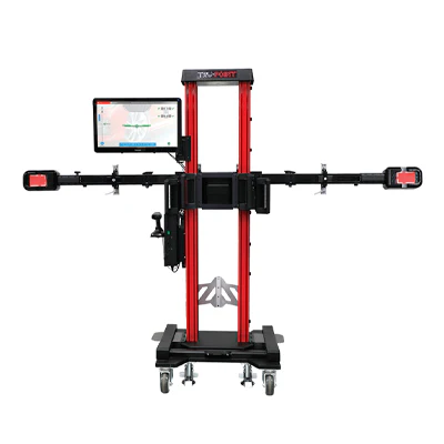 Professional wheel alignment machine with digital screen and red vertical support