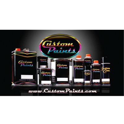 Custom Paints product lineup with colorful brand logo and various paint containers