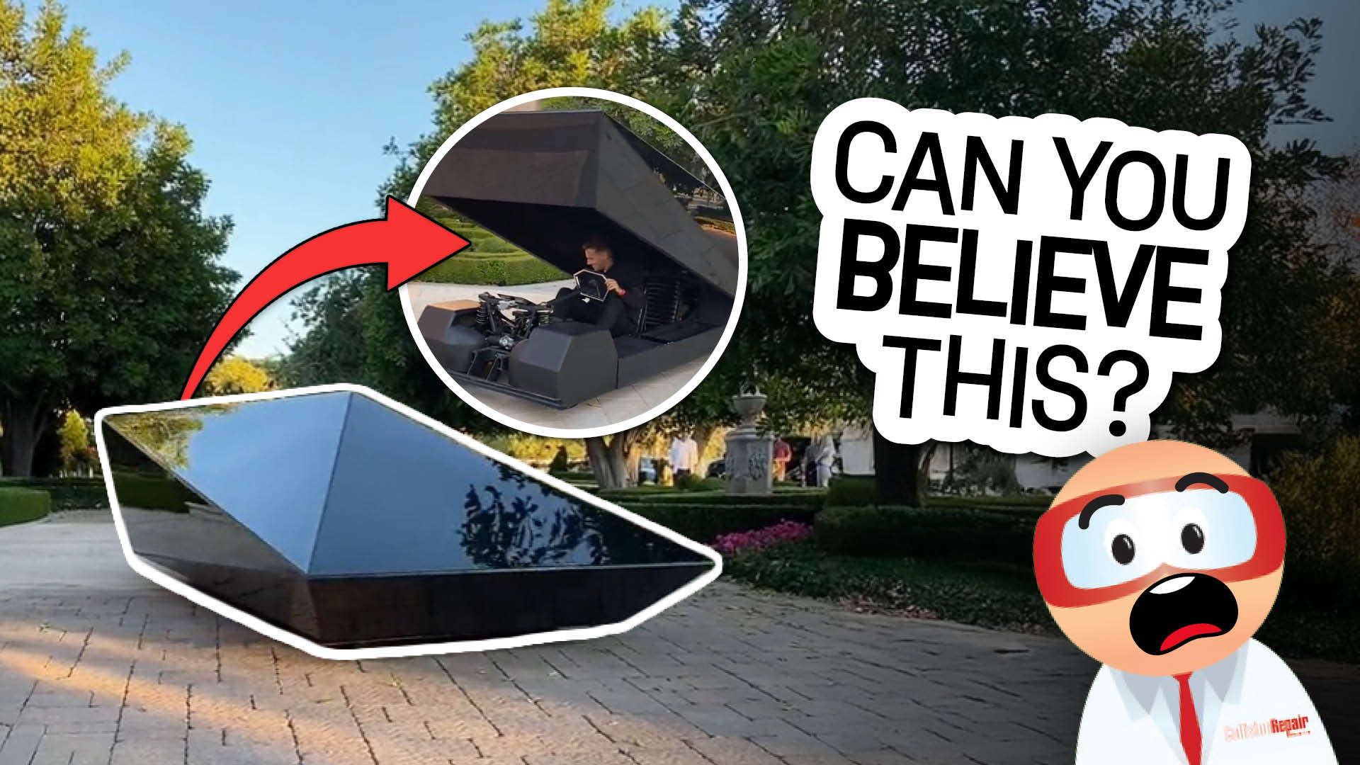 Futuristic black vehicle with open top, surrounded by trees and pathway