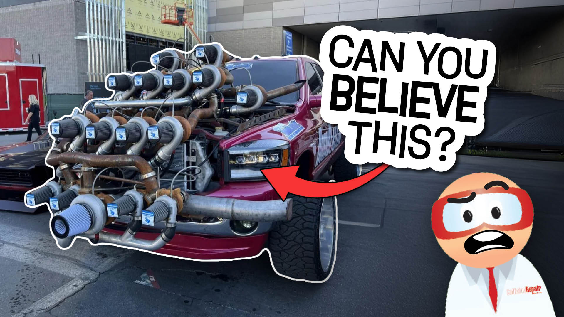 Customized red vehicle with multiple blue exhaust pipes in urban setting