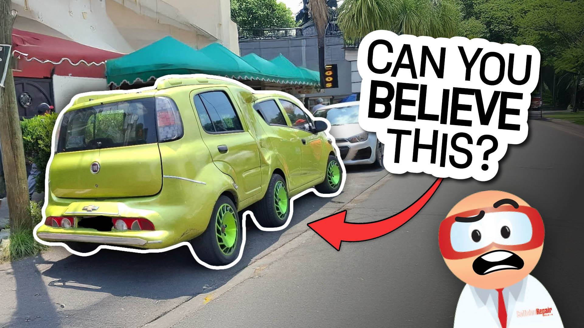 Lime green car with comically large wheels, cartoon character saying 'Can you believe this?'