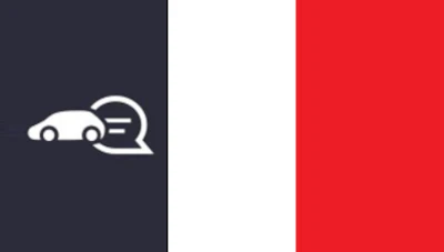 Minimalist car and chat icon in navy and red colors