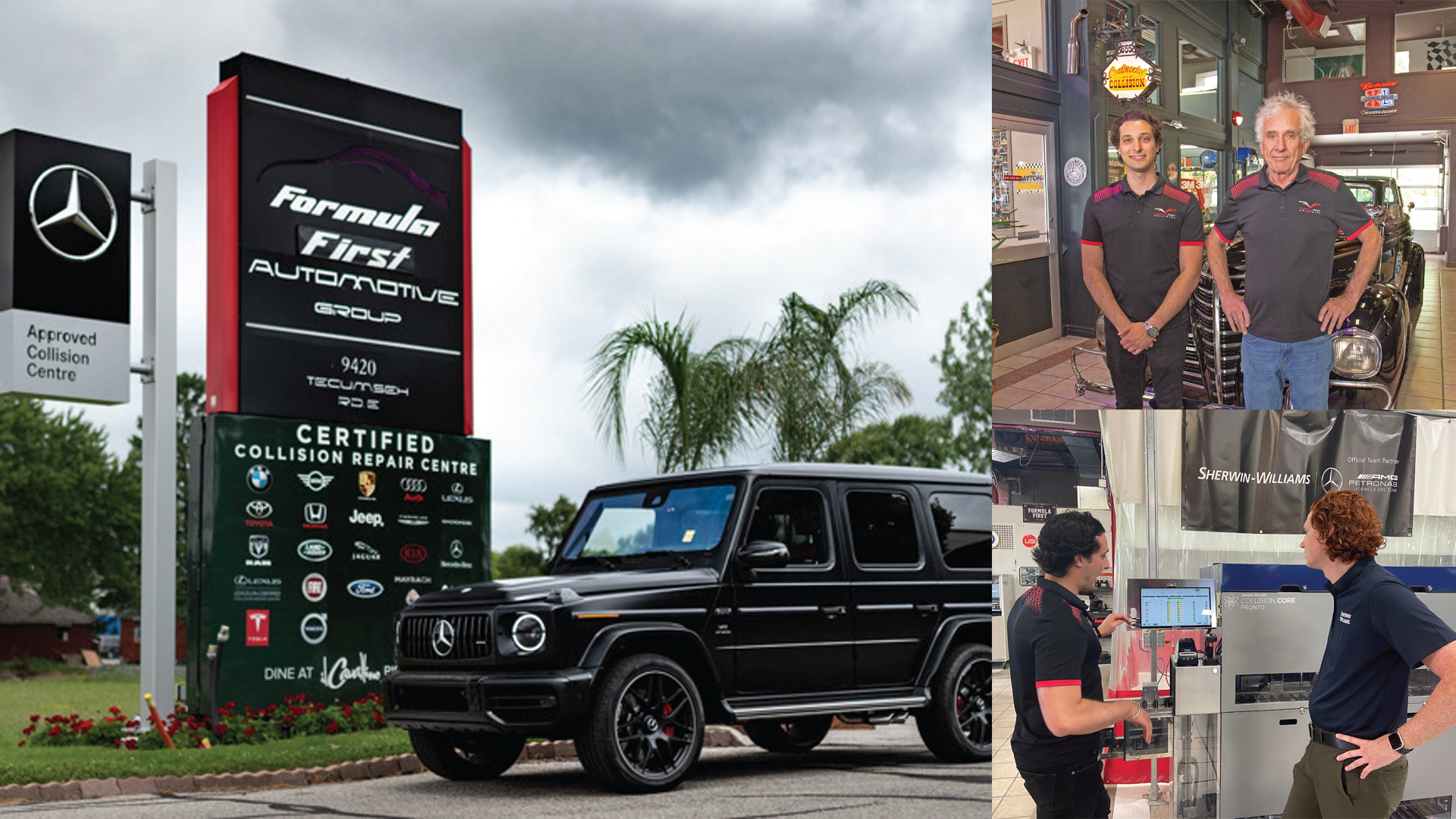 Mercedes-Benz dealership sign with black G-Wagon and automotive repair center logos