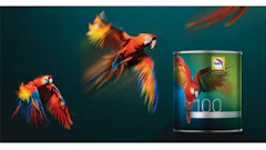 Vibrant red and blue macaw parrots flying dynamically near a paint or product container