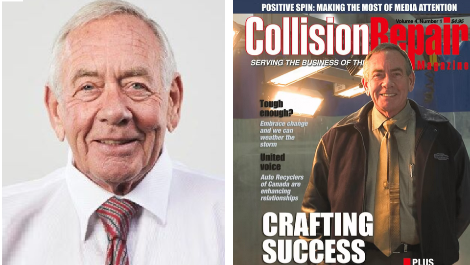 Side-by-side portraits of senior businessman in white shirt and magazine cover