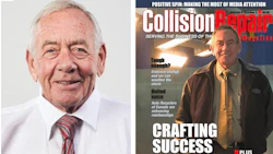 Side-by-side portraits of senior businessman in white shirt and magazine cover