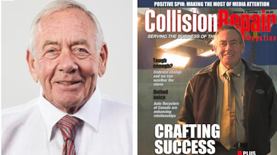 Side-by-side portraits of senior businessman in white shirt and magazine cover