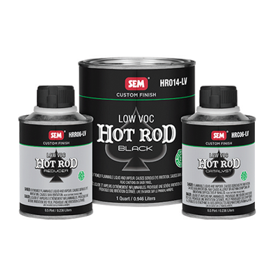 Three SEM Hot Rod Black low VOC paint containers in black and white