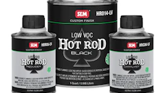 Three SEM Hot Rod Black low VOC paint containers in black and white