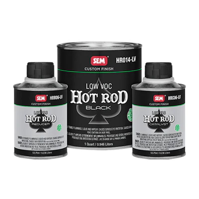 Three SEM Hot Rod Black low VOC paint containers in black and white