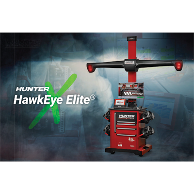 Hunter HawkEye Elite wheel alignment machine with red and green color scheme