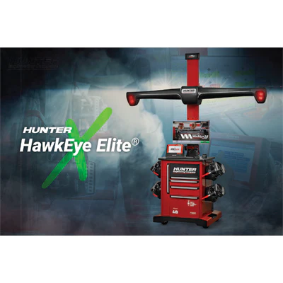 Hunter HawkEye Elite wheel alignment machine with red and green color scheme