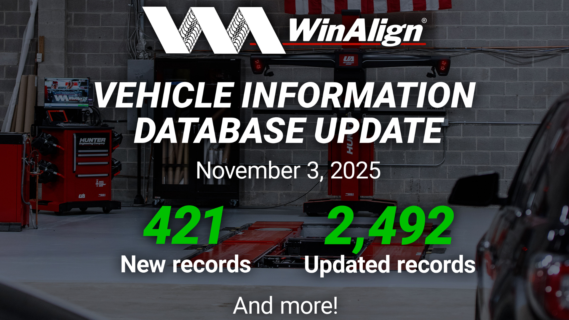 WinAlign vehicle database update showing 421 new and 2,492 updated records