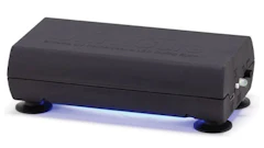 Black electronic device with blue LED lighting on bottom edges