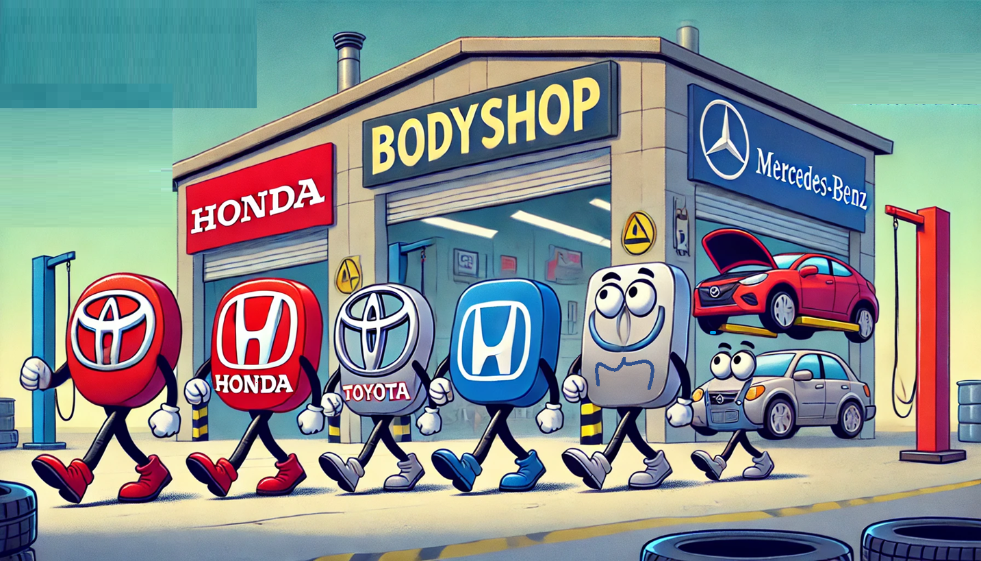 Cartoon car brand logos walking together outside an auto body shop