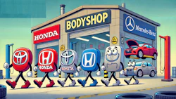 Cartoon car brand logos walking together outside an auto body shop