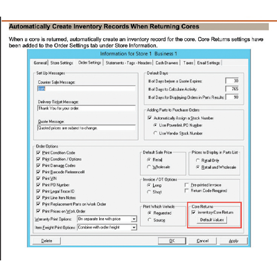 Microsoft Dynamics settings panel for automatically creating inventory records