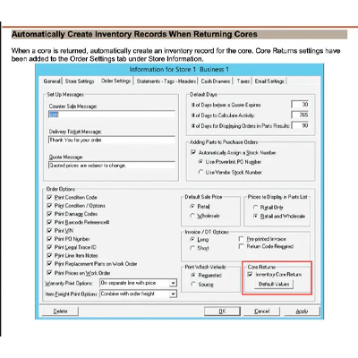 Microsoft Dynamics settings panel for automatically creating inventory records