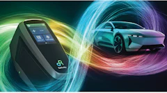 Electric vehicle charging device and futuristic blue car with swirling color waves