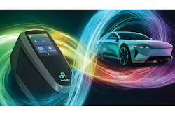 Electric vehicle charging device and futuristic blue car with swirling color waves