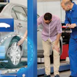 Automotive technician examining car wheel on lift in repair shop