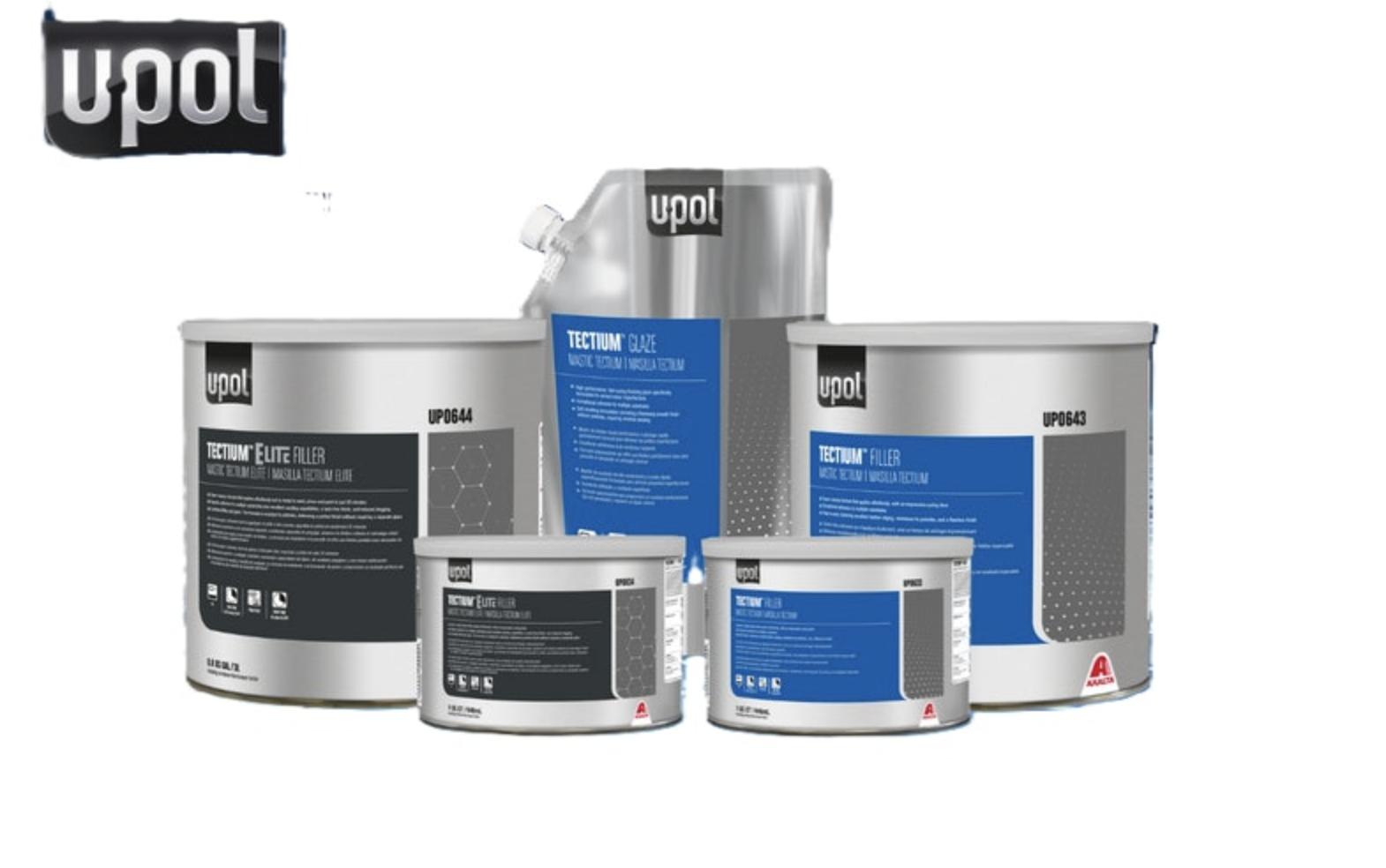 U-POL automotive body repair and filling products in various metal containers
