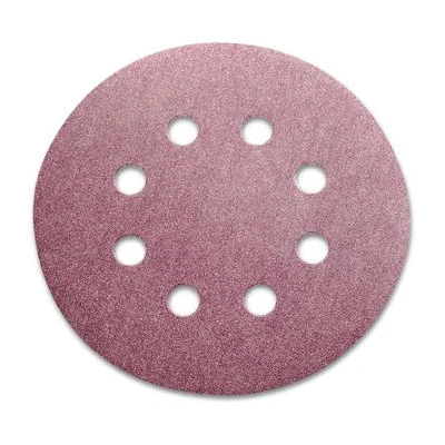 Pink circular sanding disc with 8 evenly spaced holes