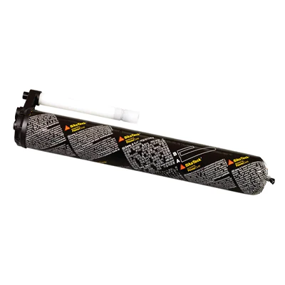 Black industrial sealant tube with yellow warning labels