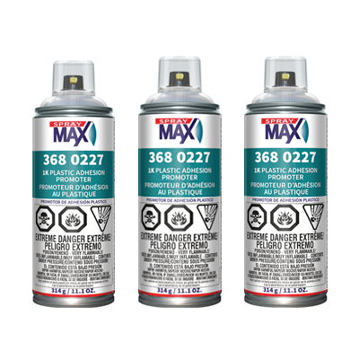 Three identical SprayMax adhesive spray cans with product labels