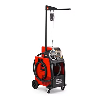 Red mobile welding machine with vertical support arm and cable reel