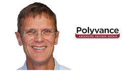 Polyvance corporate logo with smiling professional in blue shirt