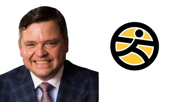 Running or sports organization logo with stylized human figure in black and yellow