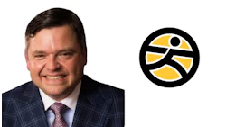 Running or sports organization logo with stylized human figure in black and yellow