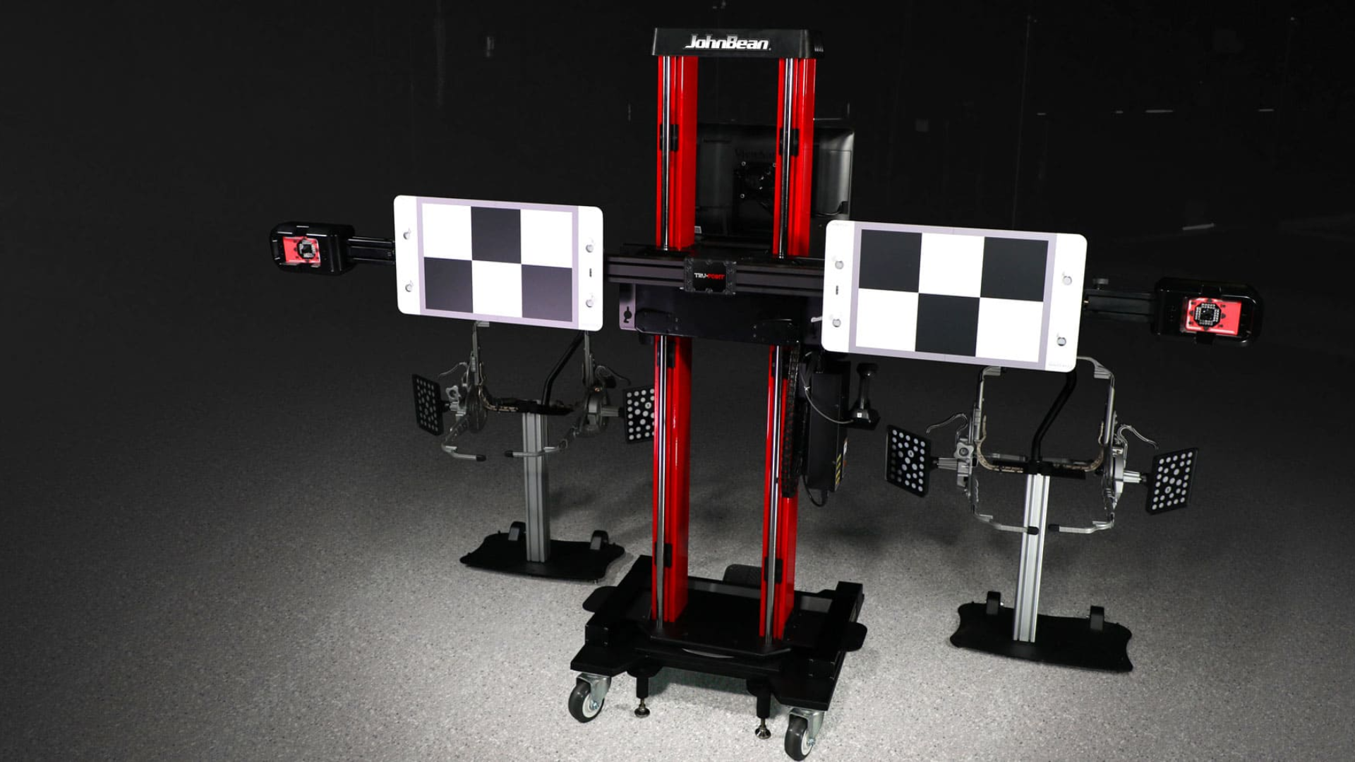 Precision alignment calibration system with black and red vertical frame and checkerboard targets