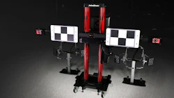 Precision alignment calibration system with black and red vertical frame and checkerboard targets
