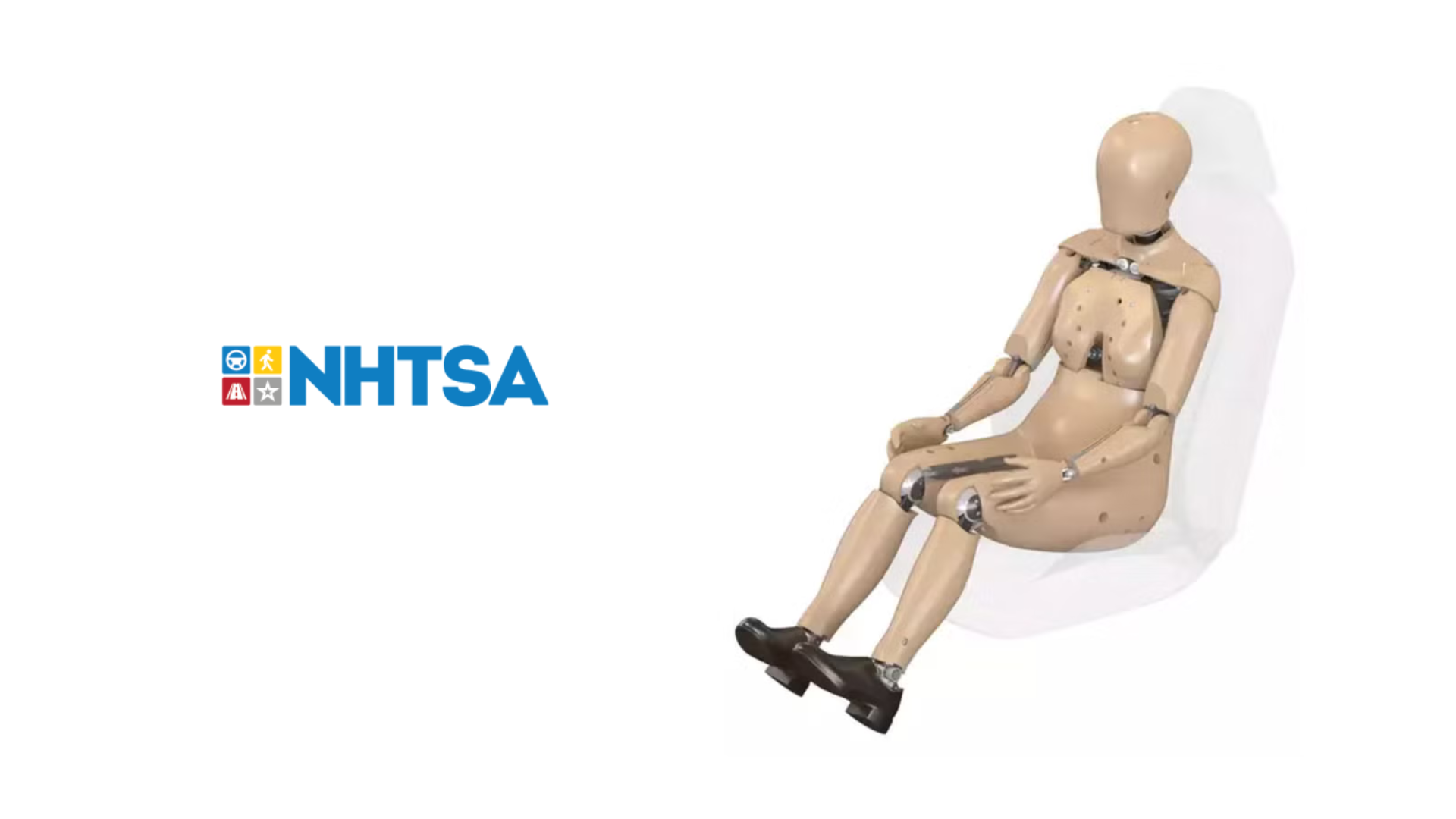 NHTSA logo next to articulated crash test mannequin on white background
