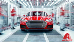 Bright red sports sedan in sleek automotive testing facility with Axalta branding